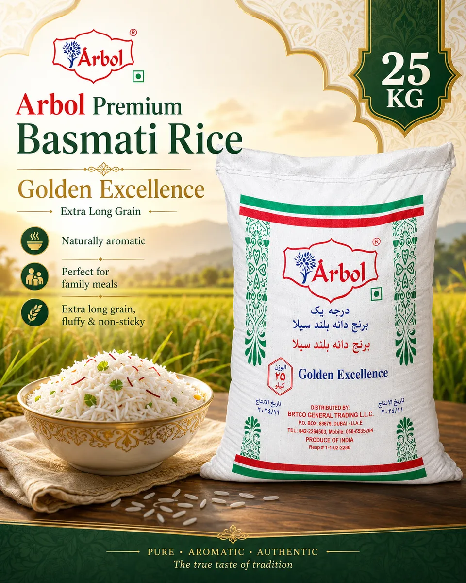 Arbol Premium Basmati Rice — golden excellence, distributed by BRTCO